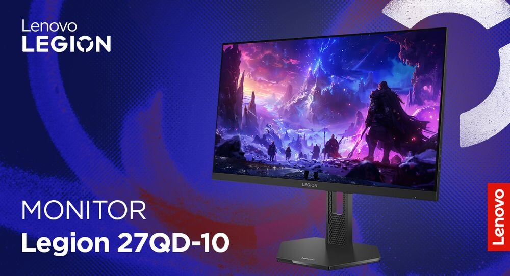 Monitor LENOVO Legion 27QD-10 27 cali 2560x1440px IPS 240Hz 0.5 ms [MPRT] prezentacja monitora pod kątem na kolorowym tle napis z marką i modelem