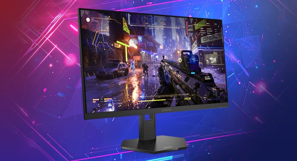 Monitor LENOVO Legion 27QD-10 27 cali 2560x1440px IPS 240Hz 0.5 ms [MPRT] prezentacja monitora od przodu pod kątem na ekranie gra w tle poświata światła i fioletowy gradient odświeżanie czas reakcji NVIDIA G-SYNC proporcje