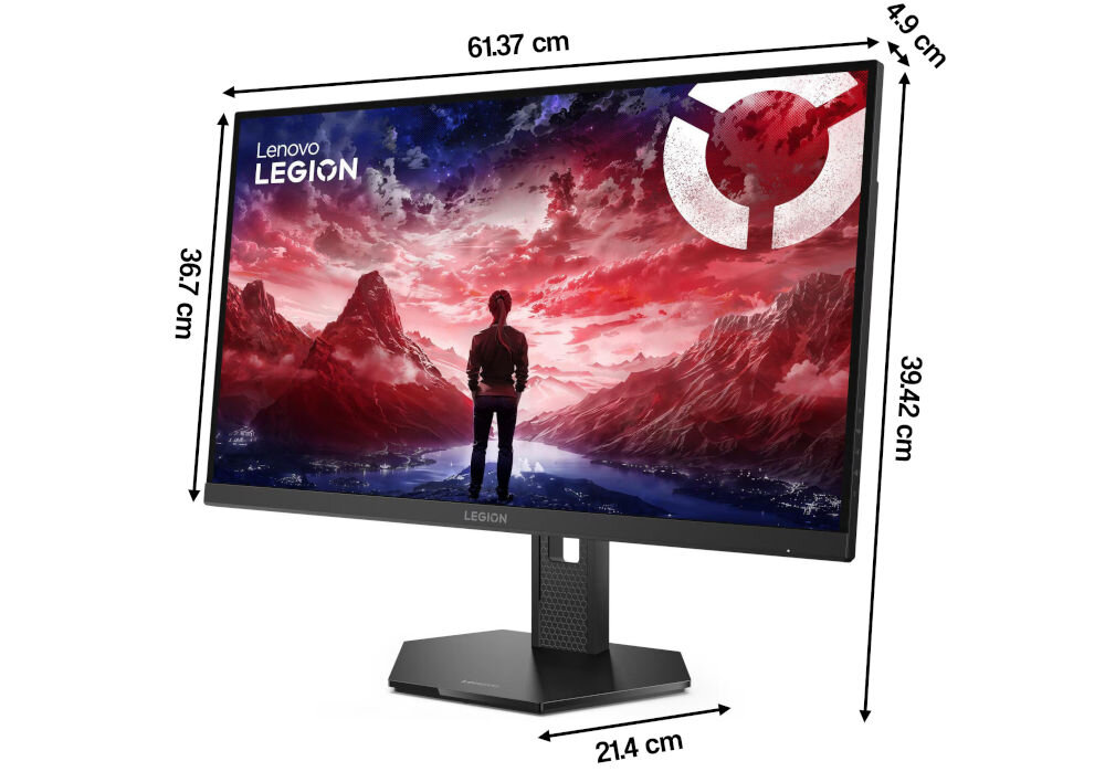 Monitor LENOVO Legion 27QD-10 27 cali 2560x1440px IPS 240Hz 0.5 ms [MPRT] prezentacja monitora na białym tle przód pod kątem z wymiarami waga wymiary obraz solidność konstrukcji