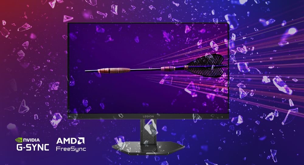 Monitor LENOVO Legion 27QD-10 27 cali 2560x1440px IPS 240Hz 0.5 ms [MPRT] przechodząca strzała przez monitor imitacja pękającego szkła gradient w tle napisy z technologiami AMD FreeSync Premium NVIDIA® G-SYNC® VESA Adaptive Sync eliminacja efektu rozrywania bez zakłóceń