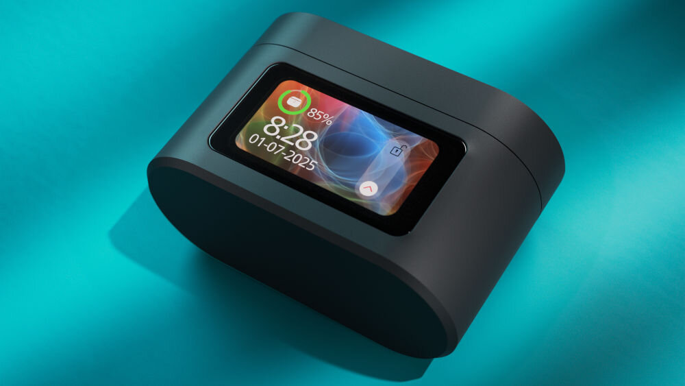 Słuchawki dokanałowe PHILIPS TAT6000BK/00 inteligentne etui ekran dotykowy latarka sterowanie muzyką, etui z funkcją ładowania leżące na turkusowej tkaninie