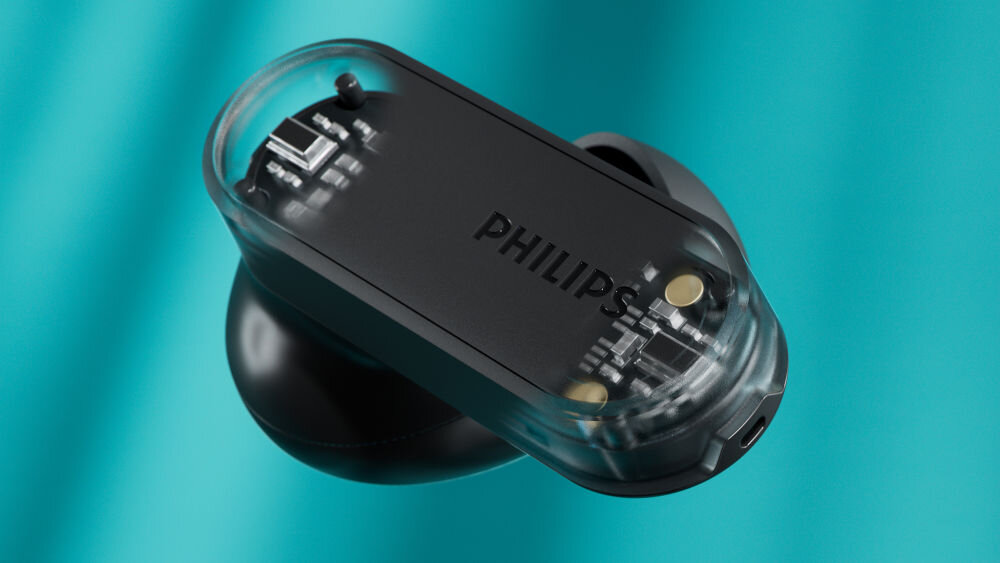 Słuchawki dokanałowe PHILIPS TAT6000BK/00 cztery mikrofony wyraźne rozmowy w hałasie, słuchawka na turkusowym tle