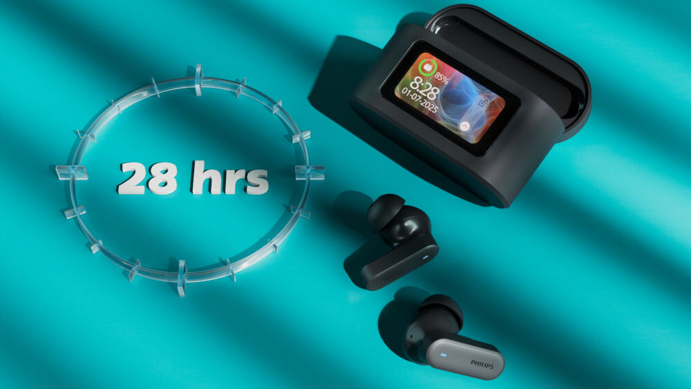 Słuchawki dokanałowe PHILIPS TAT6000BK/00 czas pracy 28 godzin szybkie ładowanie USB-C, etui z słuchawkami dokanałowymi na turkusowym tle