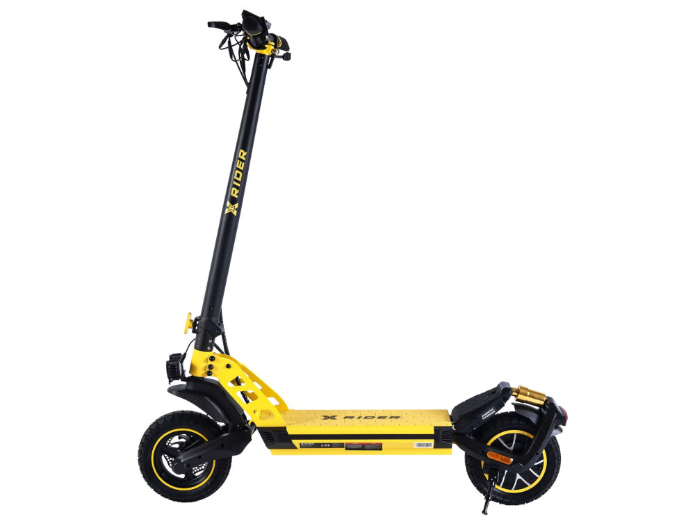 Hulajnoga elektryczna XRIDER F10 Czarno-żółty silnik moc 800 W do dynamicznej jazdy kat nachylenia podjazdow do 25 stopni moment szczytowy PEAK moc az do 1400 W sila wydajnosc