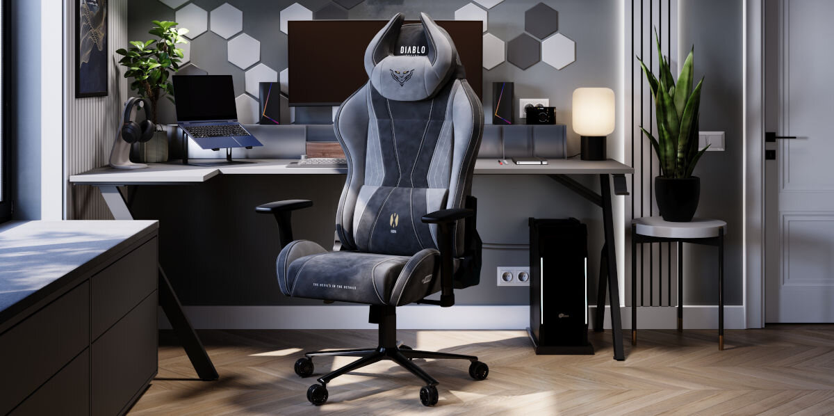 Fotel DIABLO CHAIRS X-Horn 2.0 (L) Czarno-szary przewiewna i przyjemna w dotyku tkanina Munich Suede odporna na ścieranie hydrofobowa