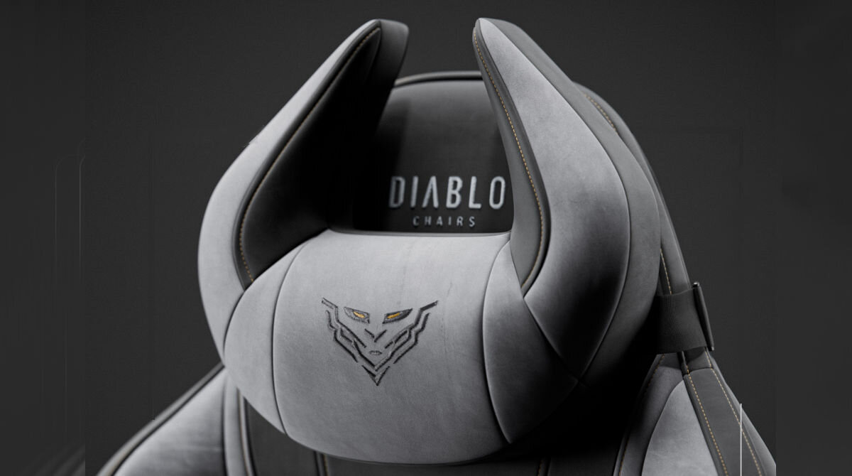 Fotel DIABLO CHAIRS X-Horn 2.0 (L) Czarno-szary zagłówek w kształcie rogów ergonomiczne wsparcie szyi głowy poduszka lędźwiowa wypełnienie z pianki zapamiętującej kształt