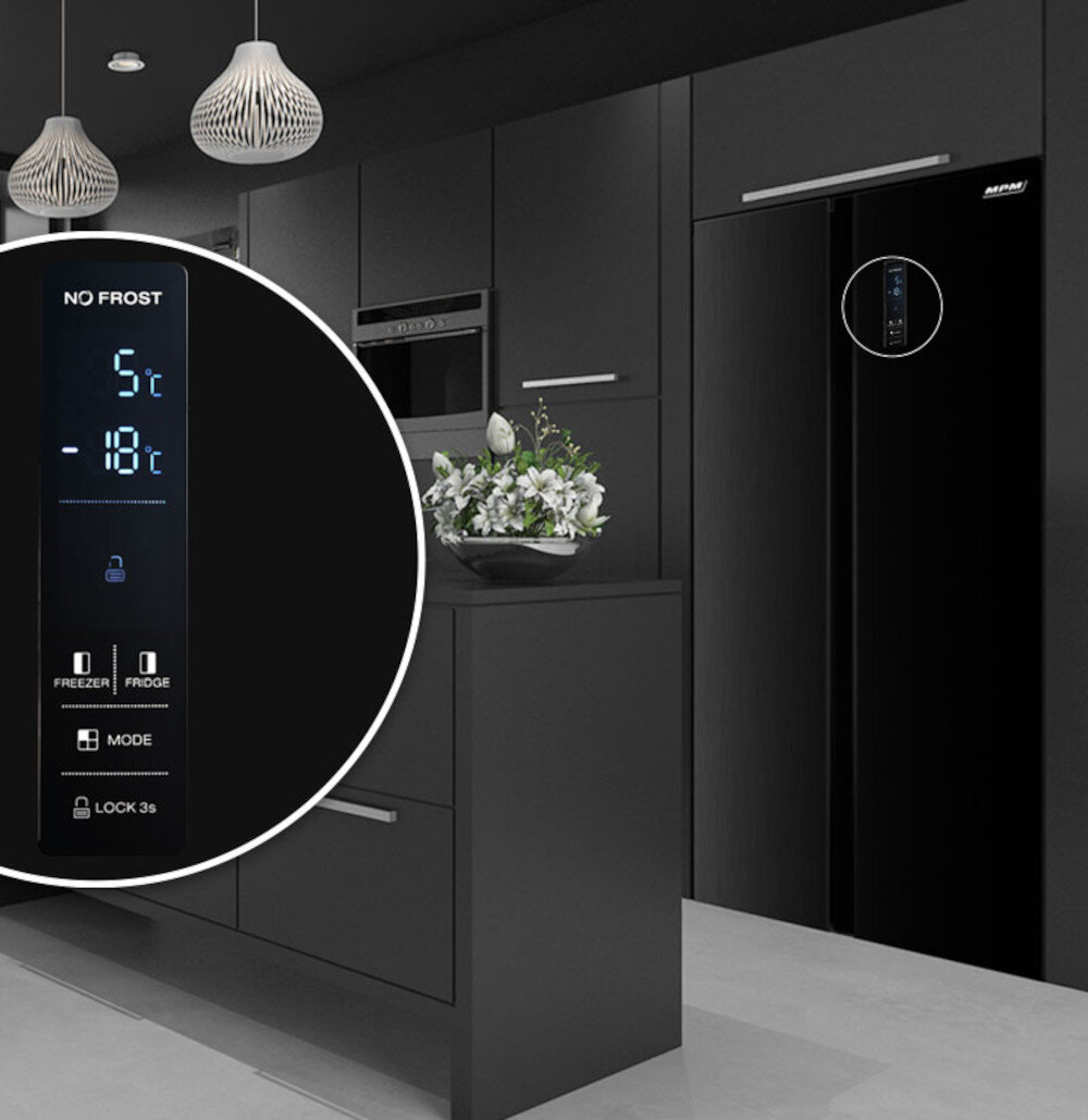 Lodowka MPM-427-SBS-03/N Side by Side No frost 177cm Czarny wyswietlacz LED design wyglad kolor kolorystyka funkcja blokady rodzicielskiej