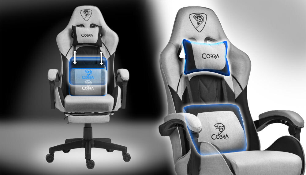 Fotel COBRA Player 5.0 CRF50 Jasnoszaro-czarny + podnóżek regulowany zagłówek regulowana poduszka lędźwiowa