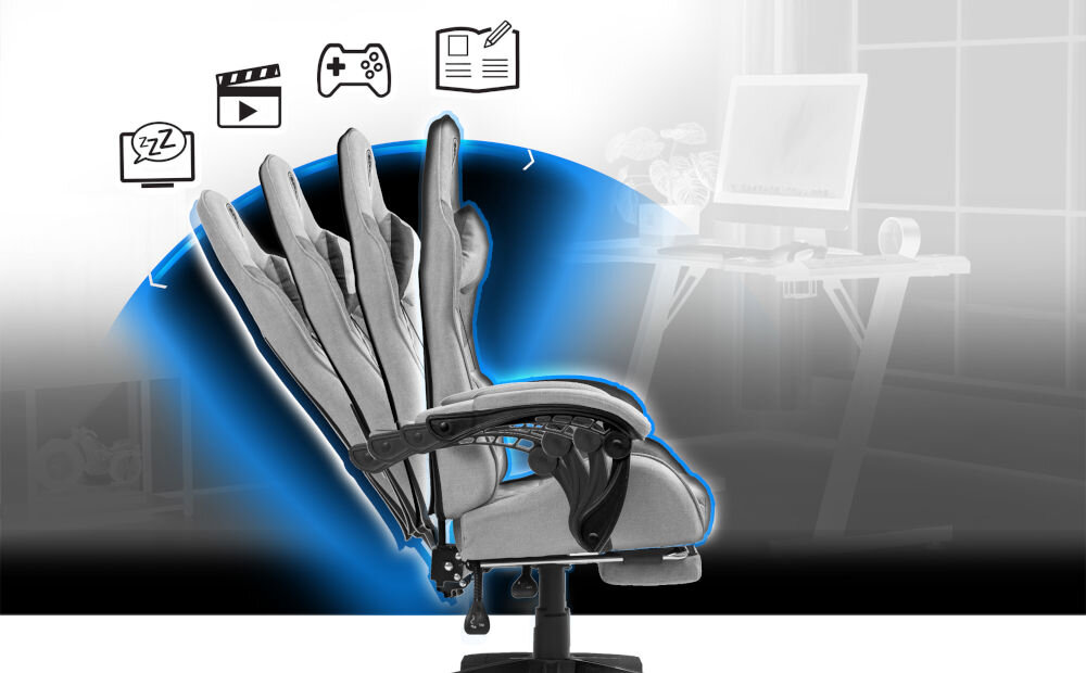 Fotel COBRA Player 5.0 CRF50 Jasnoszaro-czarny + podnóżek podłokietniki poruszające się jednocześnie z oparciem kąt odchylenia oparcia od 90° do 135° Możliwość łatwego rozłożenia podnóżka i odchylenia oparcia