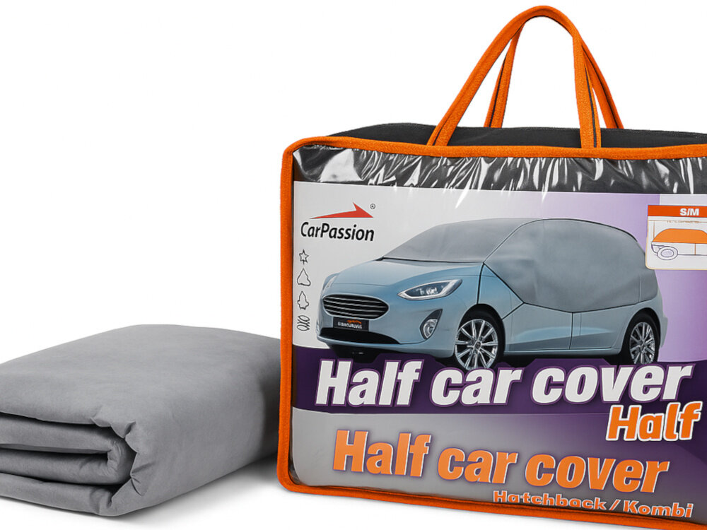 Pokrowiec na samochód CARPASSION Half 10017 (rozmiar S-M) zestaw na białym tle w zestawie pokrowiec etykieta instrukcja torba