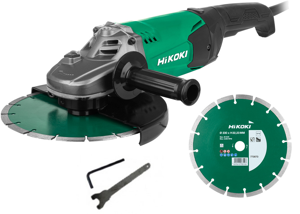 Szlifierka kątowa HIKOKI G23SW2 W7Z zestaw tarcza diamentowa klucz oslona tarczy rekojesc boczna dokumentacja