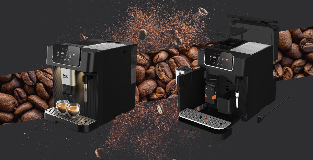 Ekspres BEKO Caffeexperto CEG7302B zalety atuty dysza do spieniania mleka kolorowy panel dotykowy 5 różnych rodzajów kawy regulowana wysokość dyszy