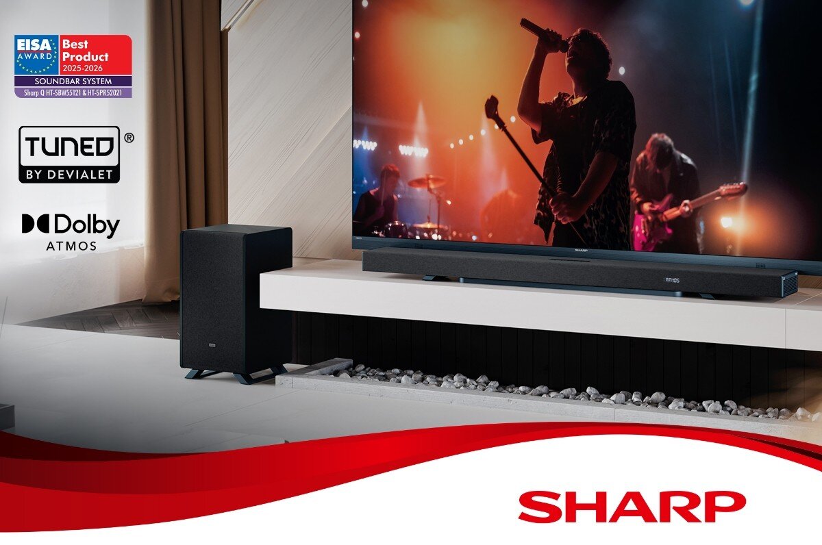 Soundbar SHARP HT-SBW55121 przestrzenny dźwięk design elegancki, soundbar stojący na komodzie pod telewizorem