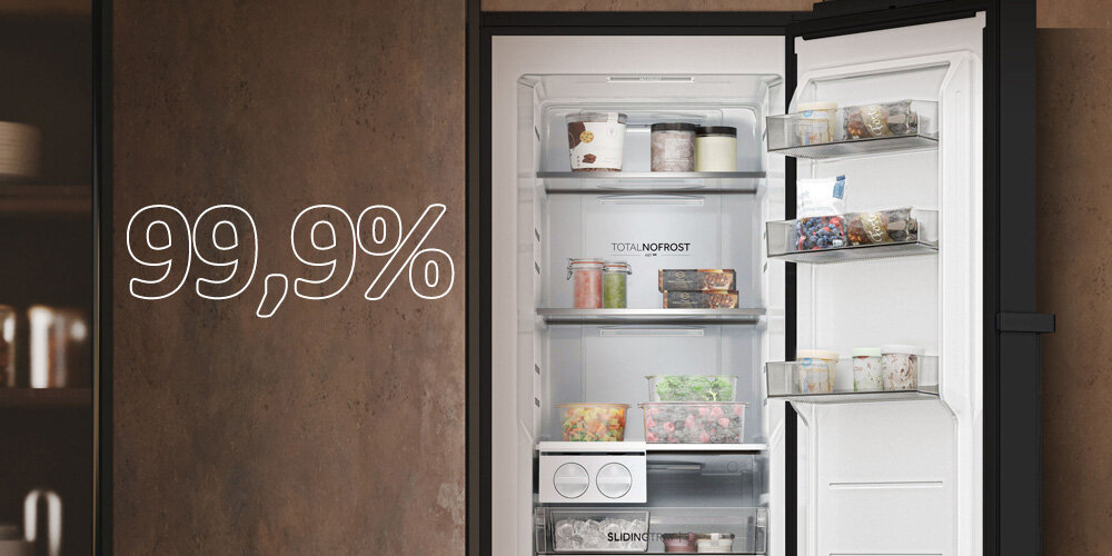 ZAMRAŻARKA HAIER H4F306DDH1R otwarta pełna produkty infografika szuflada balkoniki usuwanie bakterii system ABT Pro ochrona żywności nie tworząc zanieczyszczeń