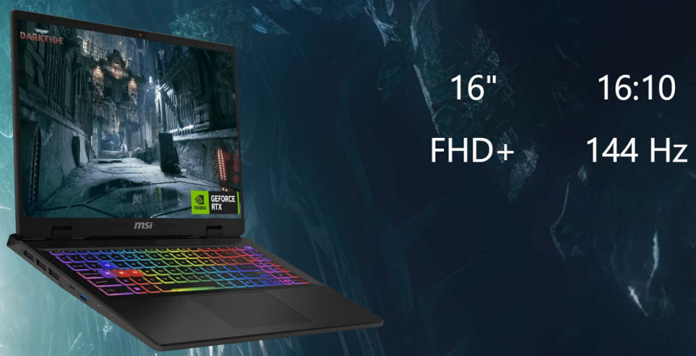 Laptop MSI Sword 16 HX B14VFKG-822XPL 16 IPS 144Hz i7-14650HX 16GB RAM 1TB SSD GeForce RTX4060 DLSS 3
zauważ każdy detal, ekran IPS o przekątnej 16 cali i rozdzielczości FHD+ (1920 x 1200 pikseli),
częstotliwość odświeżania 144 Hz, pełne pokrycie palety barw DCI-P3, proporcje ekranu 16:10, laptop