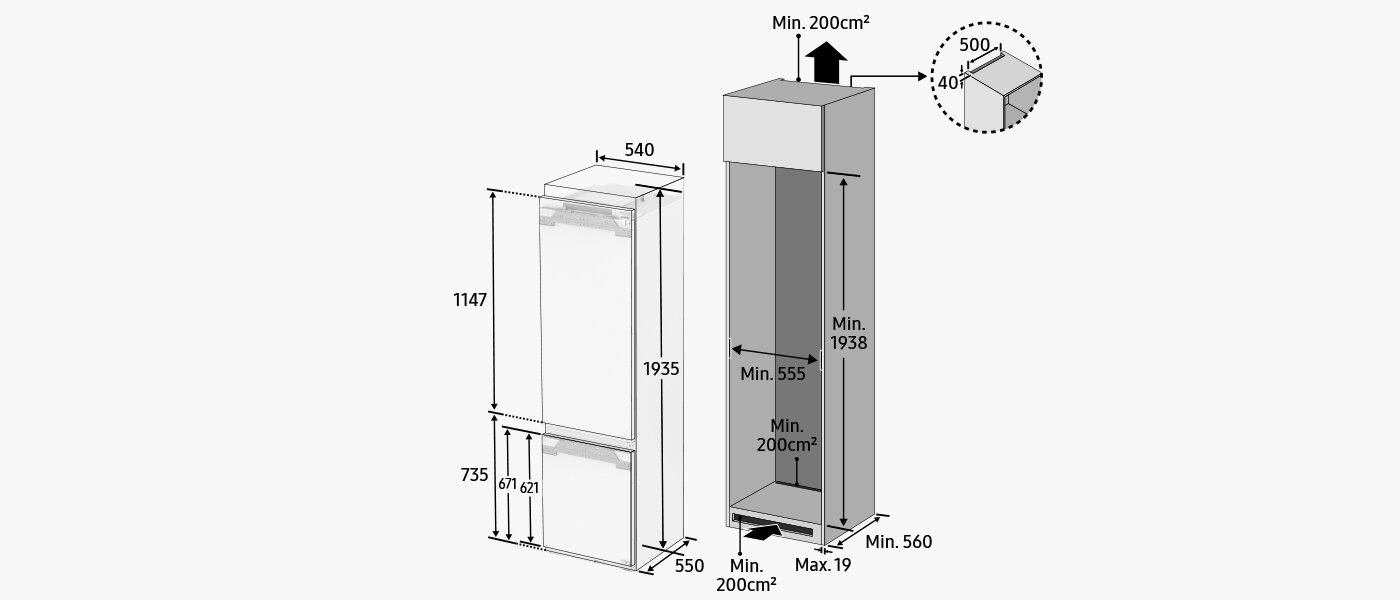 Wymiary lodówki Samsung na rysunku technicznym Wymiary lodówki Samsung na rysunku technicznym