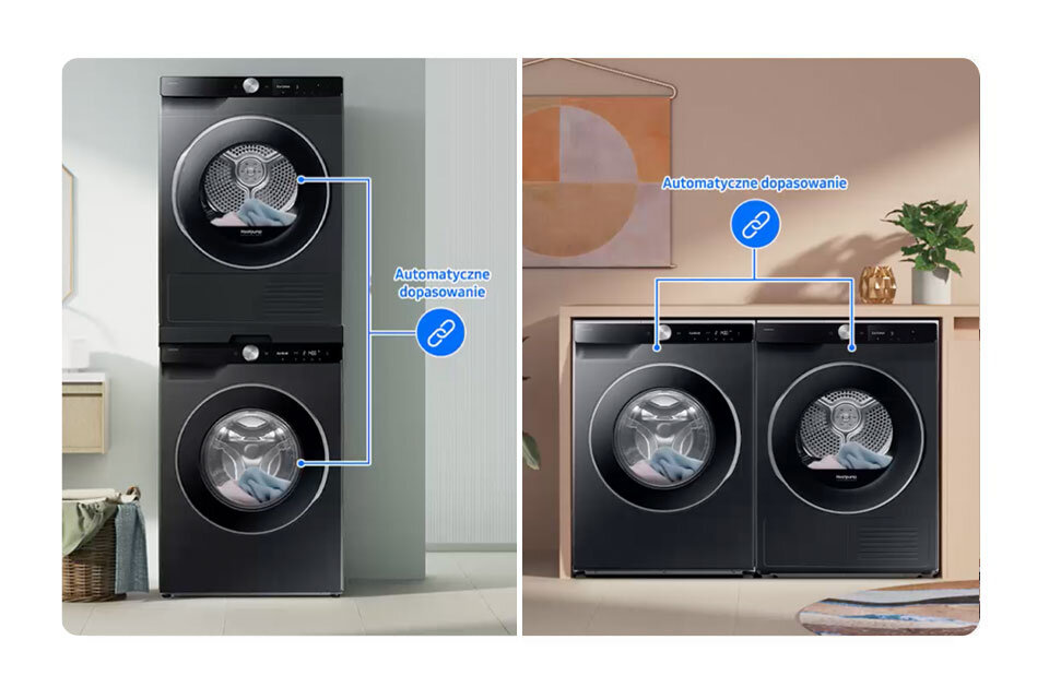 Funkcja Auto Cycle Link - inteligentne połączenie pralki z suszarką Samsung Auto Cycle Link dopasowuje cykl suszenia do programu prania, oszczędzając czas i gwarantując optymalne warunki.