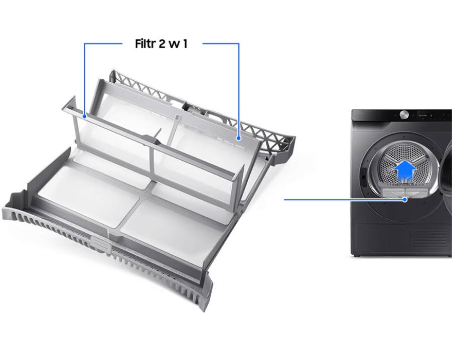 Filtr 2w1 w suszarce Samsung DV9XDG6845LBU4 Filtr 2w1 w suszarce Samsung, ułatwiający konserwację i zapewniający efektywne suszenie.