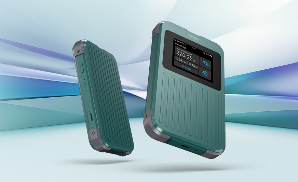 Router ACER Connect M4 5G Dwa zielone routery mobilne zaprezentowane na jasnym tle, z których jeden jest widoczny od przodu a drugi z boku
