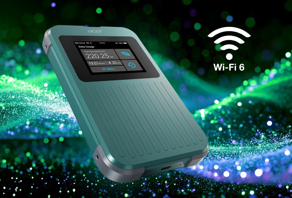 Router ACER Connect M4 5G Router mobilny na tle abstrakcyjnych zielonych świateł z ikoną sygnału i napisem 'Wi-Fi 6' po prawej stronie