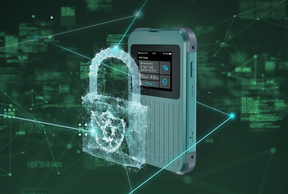 Router ACER Connect M4 5G Zielone urządzenie sieciowe na tle cyfrowej grafiki przedstawiającej kłódkę symbolizującą bezpieczeństwo danych