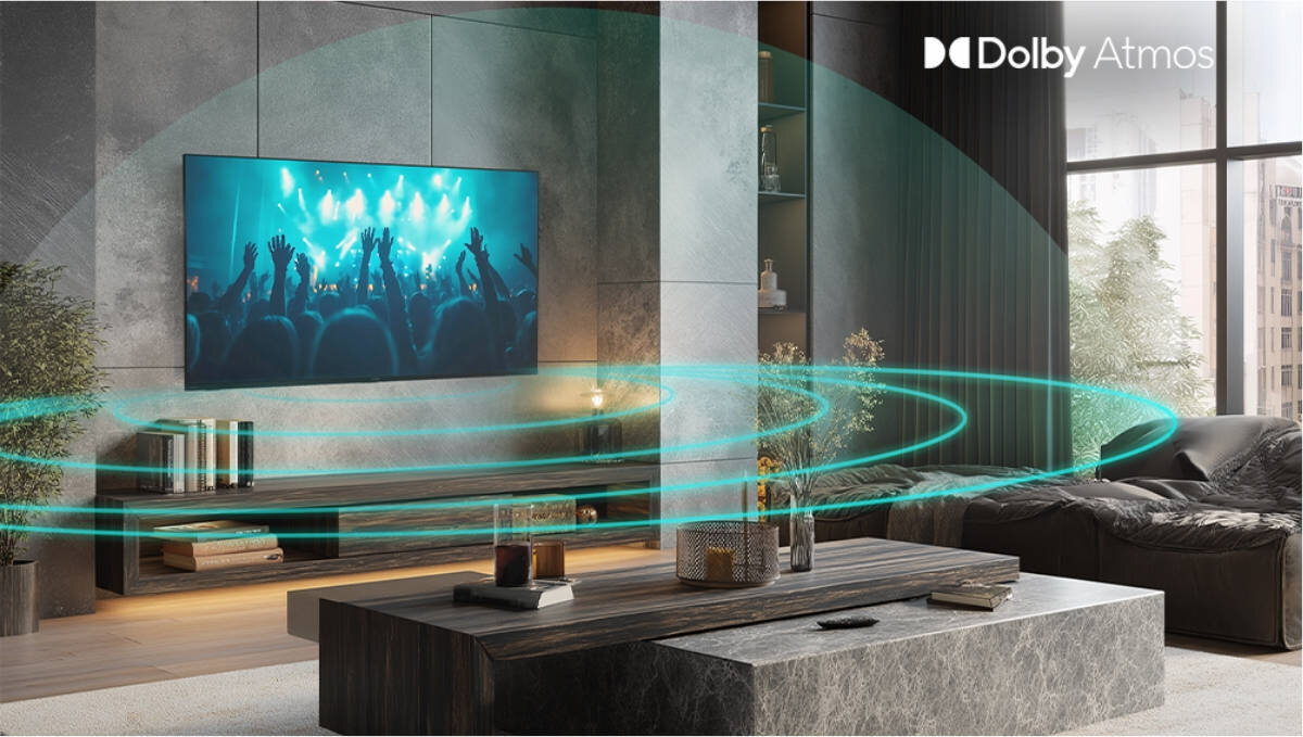 SHARP 65HP5765E Dolby Atmos przestrzenną scenę dźwiękową nad i wokół Ciebie seans filmowy, transmisja sportowa czy sesja gamingowa - rozchodzący się dźwięk