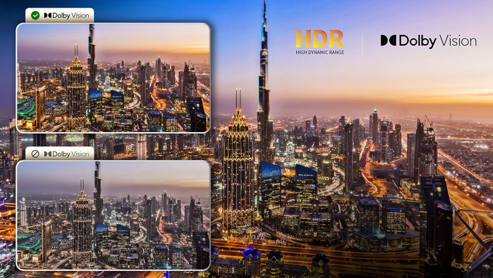 Telewizor SHARP 75JP7765E Dolby Vision HDR kinowa jakość obrazu streamingobraz pokazany w trybie dolby vision oraz bez dolby vision