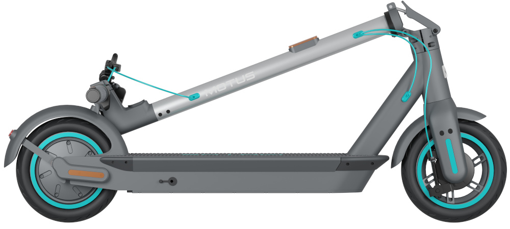 Hulajnoga elektryczna MOTUS Scooty 10 Gen 6 65km 350W 10 cali Szary złożona hulajnoga na białym tle widoczna z boku składana konstrukcja łatwy transport zwolnienie mechanizmu pociągnięciu zatrzasku popchnięcie kierownicy do przodu szybkie złożenie hulajnogi