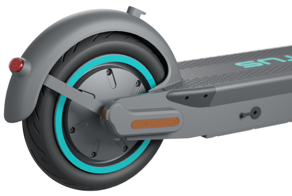 Hulajnoga elektryczna MOTUS Scooty 10 Gen 6 65km 350W 10 cali Szary zbliżenie na tylne koło w kole silnik silnik o mocy 350 W cicha praca płynna kontrola prędkości pokonanie wzniesień o nachyleniu do 15% maksymalna prędkość do 20 km/h