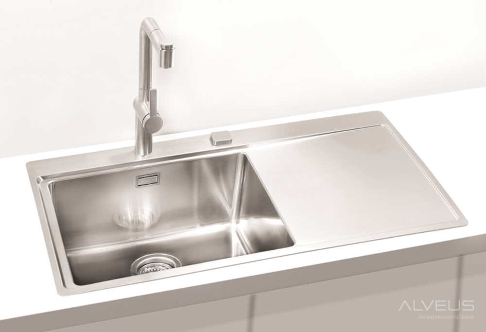 Zlewozmywak ALVEUS Pure 50 L 1103652 Satyna elegancki design gładkie linie trwały blask duża komora wymiary opcje montażu Minimalna podbudowa Syfon Push Pop Up zmywanie dopasowanie powierzchnia jednokomorowy