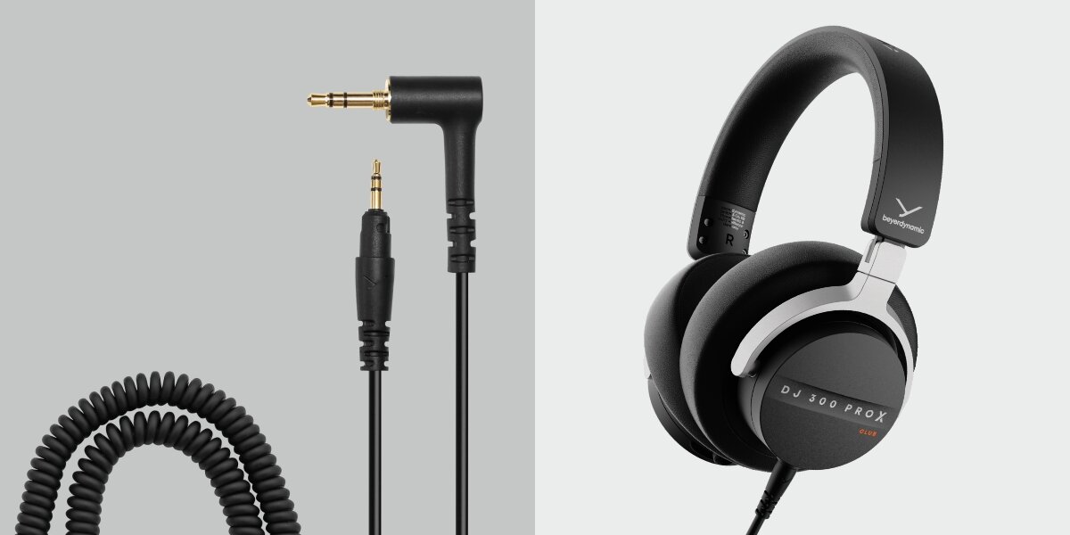 Słuchawki nauszne BEYERDYNAMIC DJ 300 Pro X Club - Wytrzymała konstrukcja, pałąk, przewód, słuchawki nauszne po skosie na białym tle