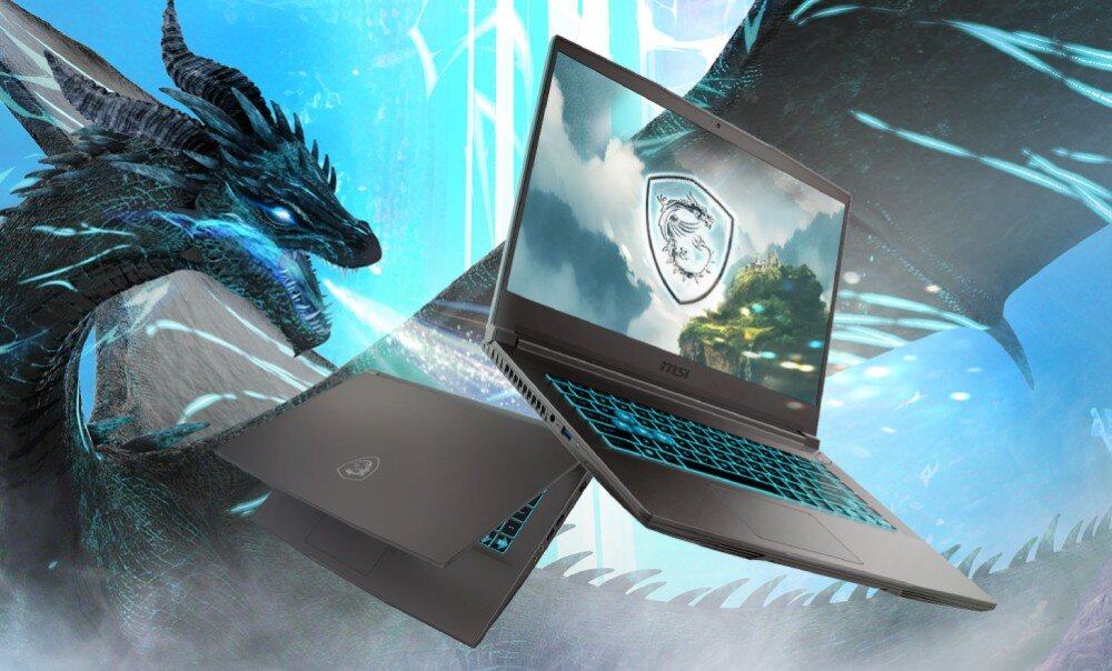 Laptop MSI Thin 15 z wizerunkiem smoka w tle i smoka wyświetlanego na ekranie.     