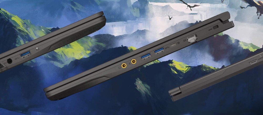 Trzy ujęcia laptopy MSI Thin 15 z tym samym wzorem, prezentujące złącza. - HDMI RJ-45 USB Type-C USB-A 