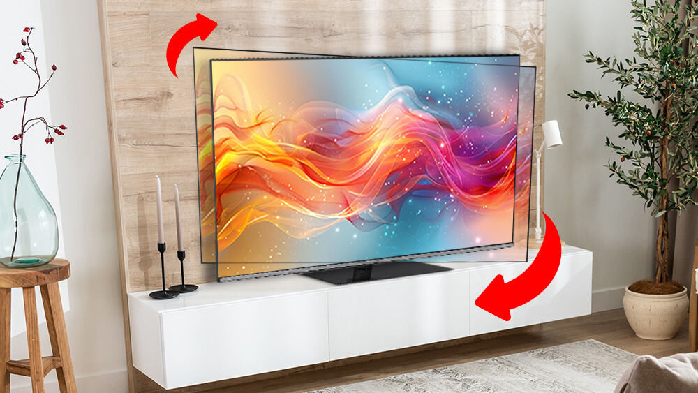 Telewizor JVC LT-50VGQ750P obrotowa podstawa metal aluminium, telewizor stojący na komodzie w pomieszczeniu