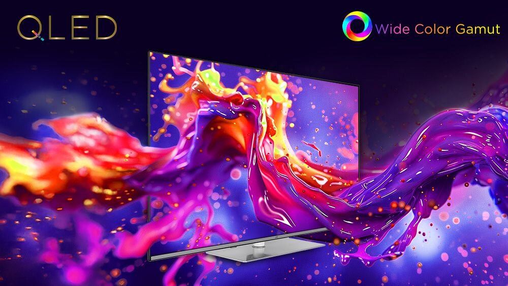 Telewizor JVC LT-50VGQ750P QLED kolory Wide Color Gamut szczegóły obrazu, telewizor po skosie, farba kolorów wylewająca się z ekranu