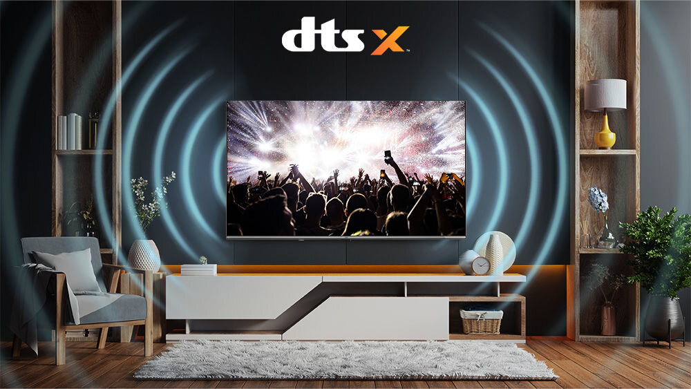 Telewizor JVC LT-55VGQ750P DTS Virtual X DTS X dźwięk przestrzenny, telewizor zawieszonyna ścianie w pomieszczeniu