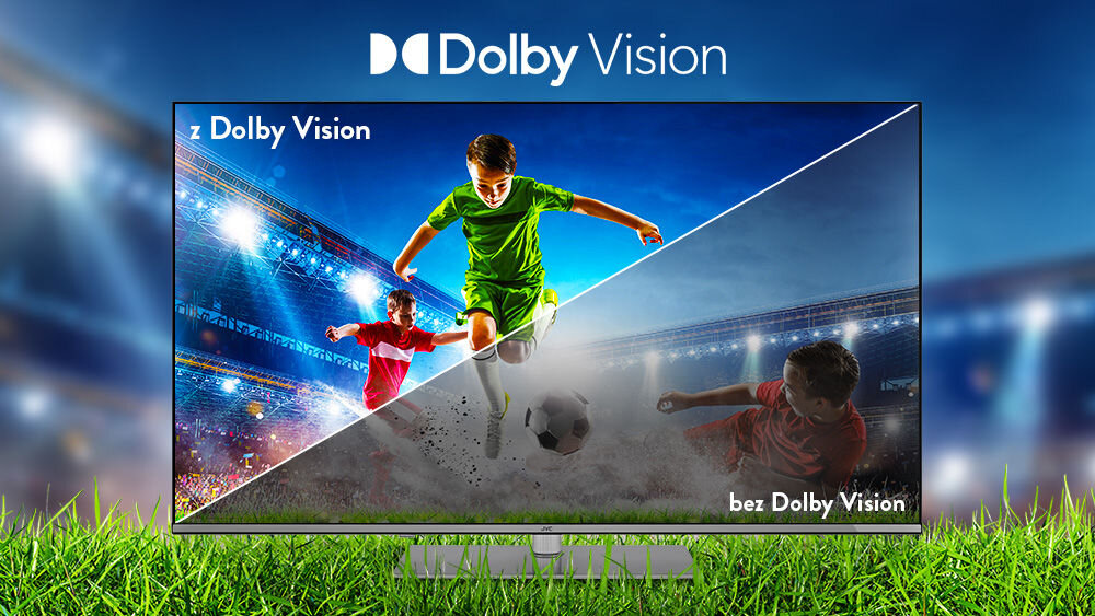 Telewizor JVC LT-55VGQ750P Dolby Vision obraz kinowy kolory detale, telewizor od frontu z podzielonym ekranem z dolby Vision i bez dolby Vision