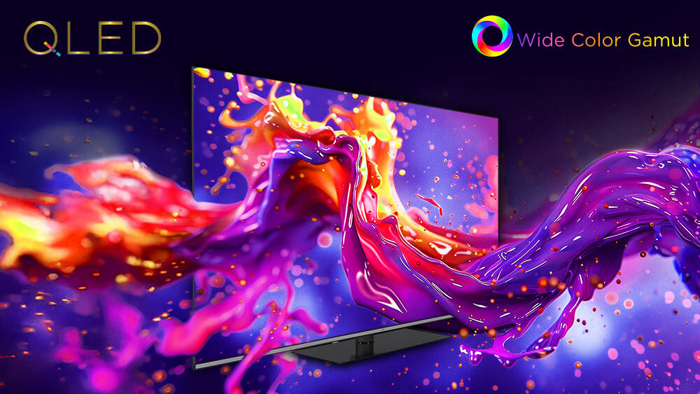 Telewizor JVC LT-65VGQ750P QLED kolory Wide Color Gamut szczegóły obrazu, telewizor po skosie, farba kolorów wylewająca się z ekranu