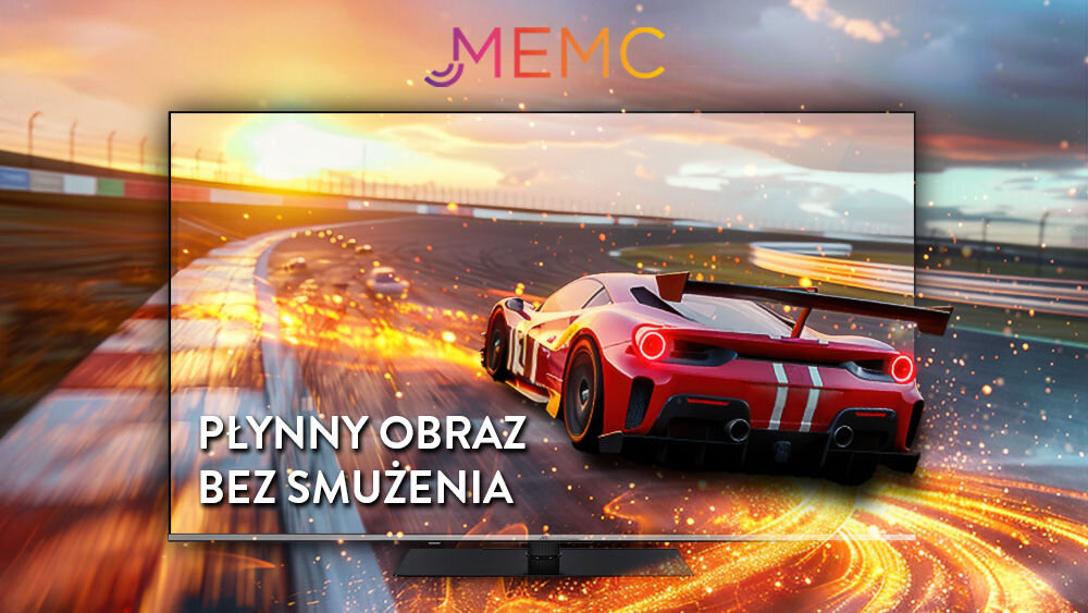 Telewizor JVC LT-65VGQ750P MEMC płynność ruch obraz precyzja, samochód jadący po torze wyścigowym