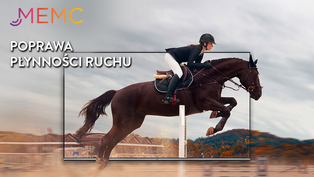 Telewizor JVC LT-43VG7500 MEMC płynny ruch redukcja smużenia sport gry akcji, osoba jeżdżąca konno