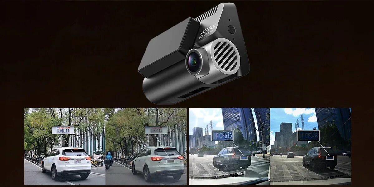 70MAI A810S 70mai 4K A810S 3840 x 2160 pikseli Sony STARVIS 2 IMX678 Technologia MaiColor Vivid+ Solution algorytmem ROI czasie rzeczywistym balans bieli i ekspozycję - kamera na ciemnym tle, poniżej porównanie obrazów