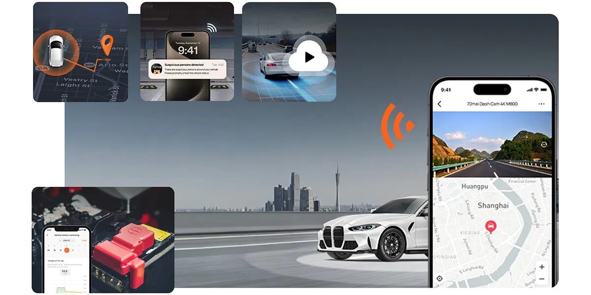 70MAI A810S 4G Hardwire Kit aplikację mobilną podgląd obrazu na żywo, przeglądanie zarchiwizowanych nagrań, lokalizację pojazdu na mapie z nawigacją pieszą, śledzenie trasy w czasie rzeczywistym oraz kontrolę napięcia akumulatora alertem o niskim poziomie energii - zrzut ekranu z apki z mapa, zdalne sterowanie, napięcie akumulatora