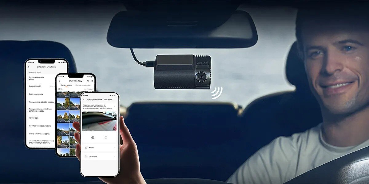 70MAI A810S superkondensator baterią guzikową tradycyjnego akumulatora litowo-jonowego zakresie temperatur od -10°C do 60°C kartami microSD do 512 GB 12 dni regularnej jazdy przy założeniu 2 godzin dziennie - zrzuty ekranu z aplikacji na telefonie trzymanym przez faceta