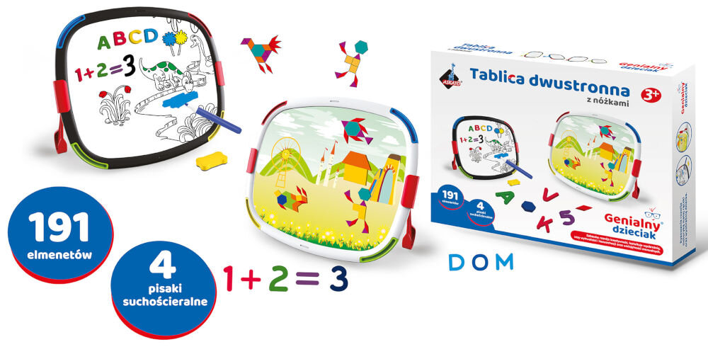 Tablica edukacyjna ASKATO Genialny dzieciak 128030 Pudełko i zawartość zestawu Tablica dwustronna z nóżkami marki Askato z serii Genialny Dzieciak. Na zdjęciu widać białą tablicę magnetyczną, na której narysowano dinozaura i działanie matematyczne, oraz kolorowe klocki magnetyczne tworzące mozaikę na tle krajobrazu. Obok znajduje się opakowanie produktu z napisem 191 elementów oraz 4 pisaki suchościeralne