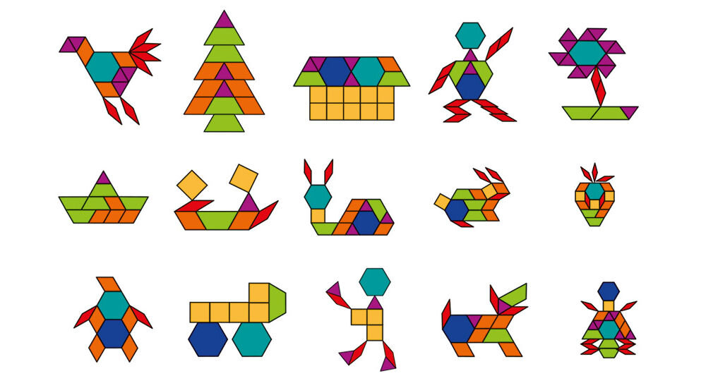 Tablica edukacyjna ASKATO Genialny dzieciak 128030 Zbiór 15 przykładowych wzorów do ułożenia z kolorowych klocków magnetycznych o kształcie figur geometrycznych. Grafika przedstawia kolorowe sylwetki m.in. ptaka, choinki, domu, postaci człowieka, kwiatka, łodzi, ślimaka, królika, truskawki, pingwina oraz wózka dziecięcego.