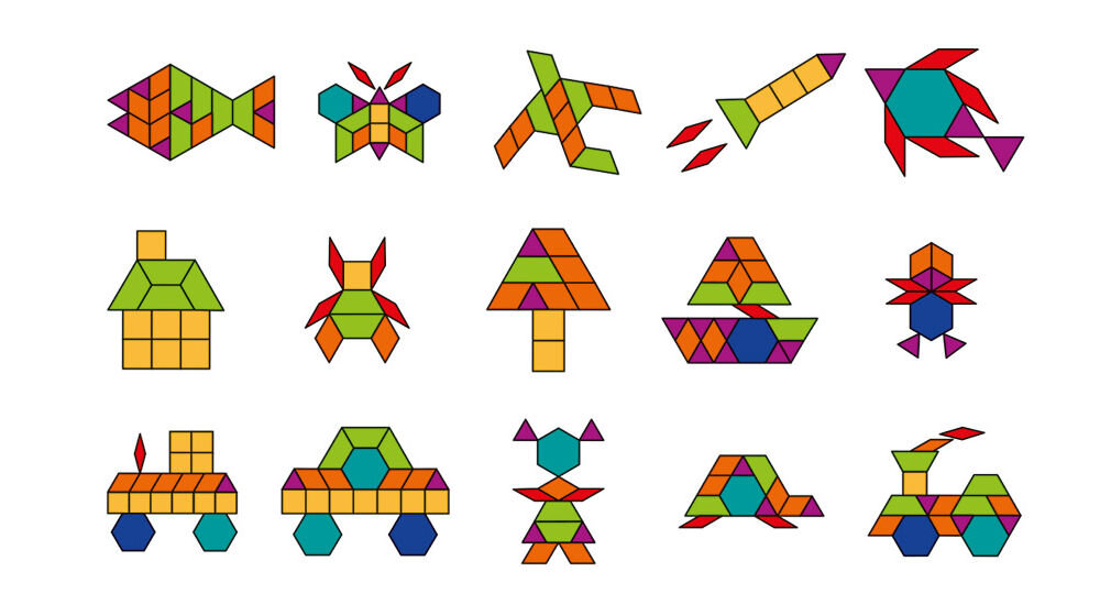 Tablica edukacyjna ASKATO Genialny dzieciak 128030 Zestaw kolejnych 15 inspiracji do układania mozaiki z magnesów. Na białym tle widoczne są kolorowe kompozycje geometryczne przedstawiające rybę, motyla, samolot, rakietę, domek z kominem, żółwia, samochód, lokomotywę oraz postać dziewczynki.