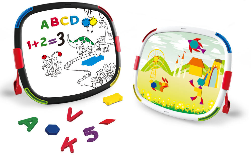Tablica edukacyjna ASKATO Genialny dzieciak 128030 Prezentacja dwustronnego charakteru tablicy edukacyjnej Askato. Po lewej stronie biała tablica z literami alfabetu i rysunkiem do kolorowania pisakami. Po prawej stronie tablica z kolorowym tłem krajobrazu, na którym przyczepione są magnetyczne klocki tworzące zwierzęta i budowle. Poniżej widoczne luzem magnesy w kształcie liter, cyfr i figur.