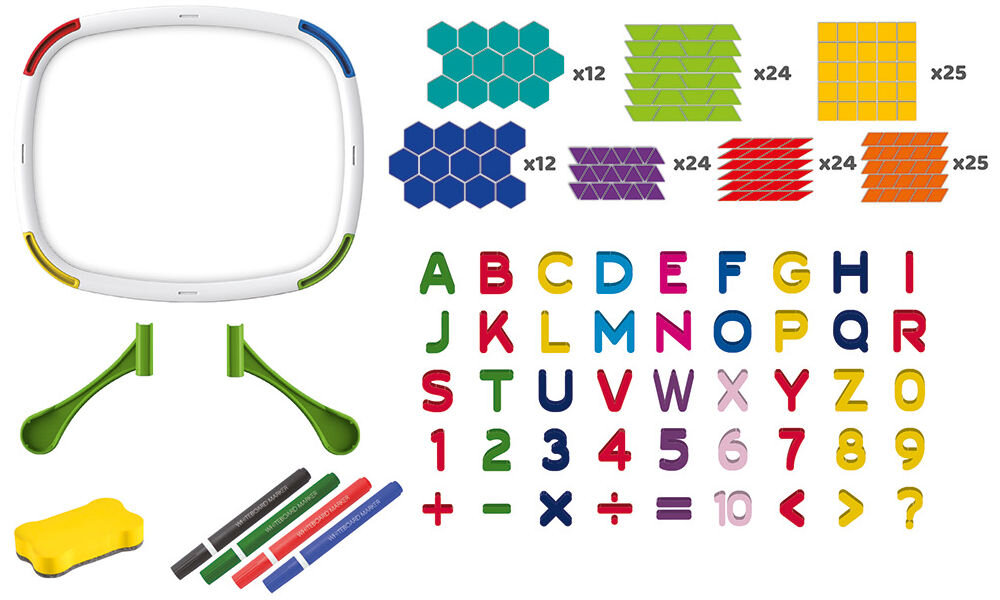 Tablica edukacyjna ASKATO Genialny dzieciak 128030 Pełny wykaz elementów zestawu Genialny Dzieciak - Tablica dwustronna. Na grafice wyszczególniono: białą ramę tablicy, dwie zielone nóżki, gąbkę do ścierania, 4 kolorowe pisaki suchościeralne, zestaw magnetycznych liter i cyfr oraz 146 kolorowych figur geometrycznych (m.in. 24 niebieskie i zielone heksagony, 48 fioletowych i czerwonych rombów oraz 50 żółtych i pomarańczowych kwadratów).