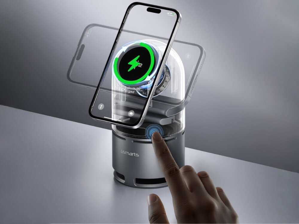 Ładowarka indukcyjna 4SMARTS ChargeBot Sound
                ładowarka indukcyjna z telefonem w dwóch pozycjach ładowanie smartfon zegarek słuchawki bezprzewodowe standard qi2 do 15w mocy kilka ładowarek w jednym