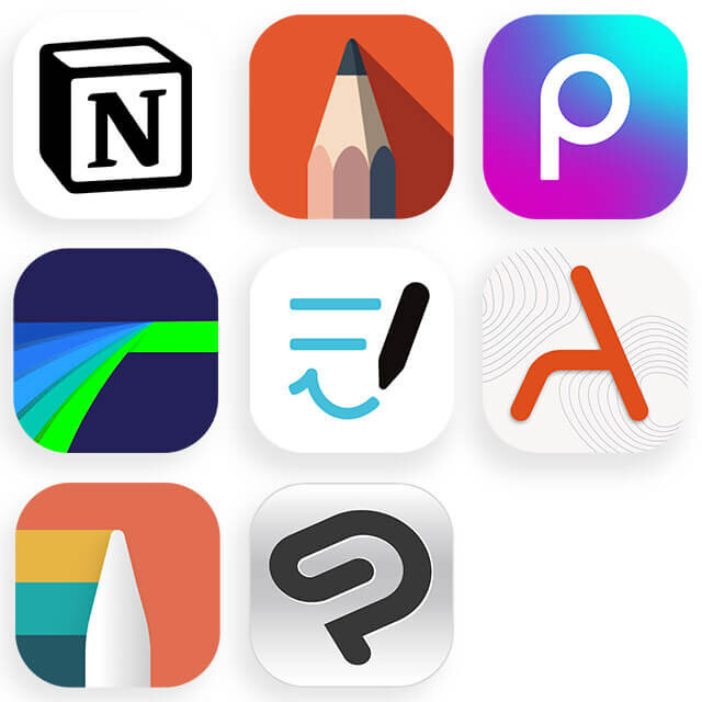 Ikony aplikacji Notion, Sketchbook, Picsart, LumaFusion, Goodnotes, ArcSite, Noteshelf 3 i Clip Studio Paint.